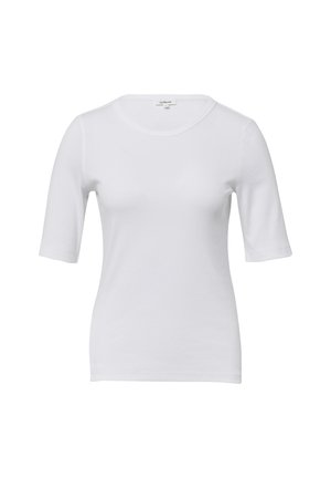 T-shirt bianca a maniche corte con scollo rotondo, realizzata in tessuto liscio, caratterizzata da una forma aderente e un design minimalista.