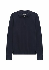 Marineblauwe sweatshirt met een kraagontwerp, rits van een kwartlengte, lange mouwen, en ribgebreide manchetten en zoom, gemaakt van een zachte katoenmix.