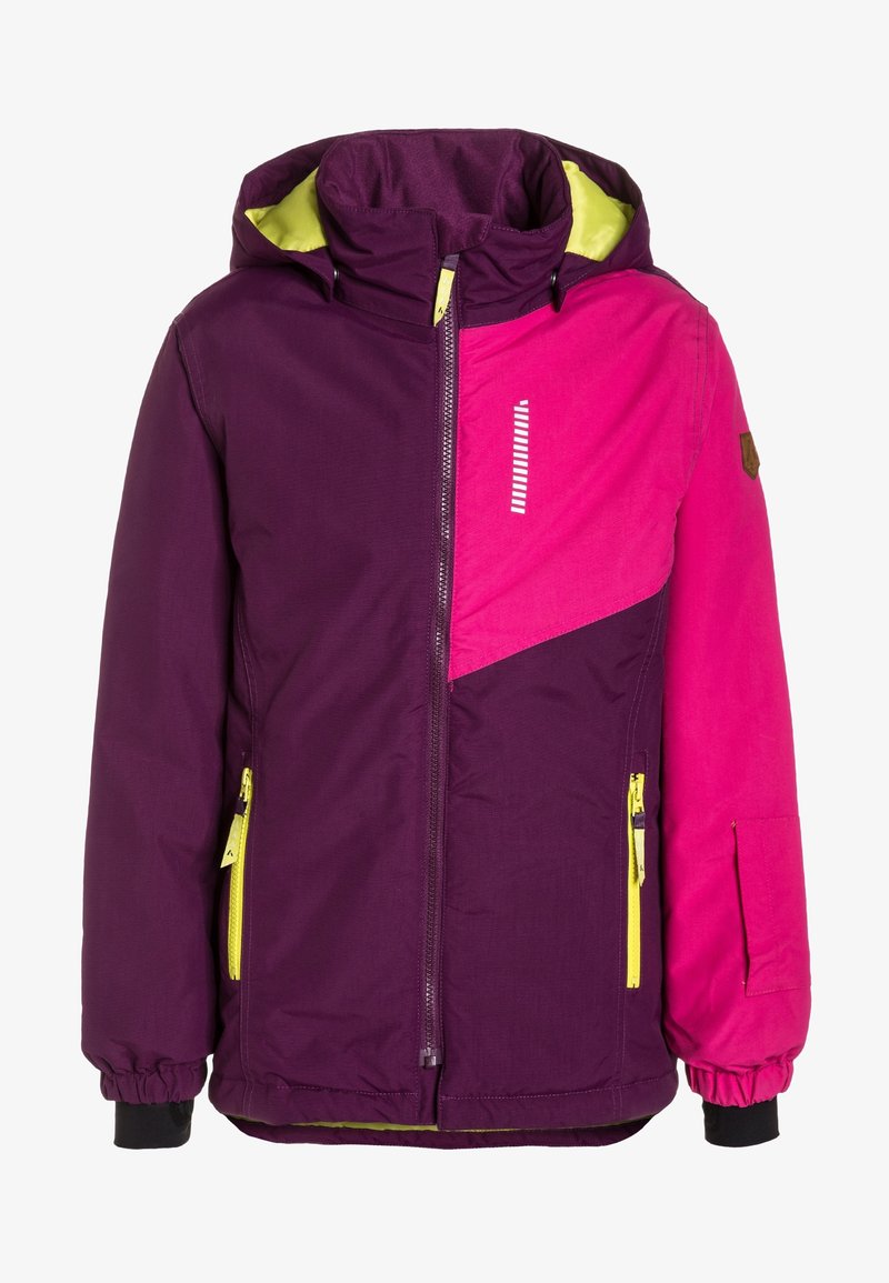 Veste isolante violette et rose avec fermeture éclair à l'avant, détails de fermeture éclair contrastants, capuche et poignets élastiques. Dispose d'une doublure intérieure jaune.
