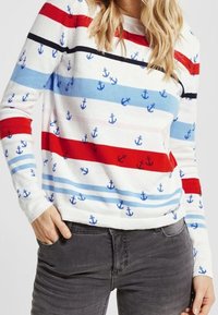Striped sweater featuring red, blue, and white horizontal stripes with small anchors printed throughout; knit fabric, crew neckline, long sleeves.