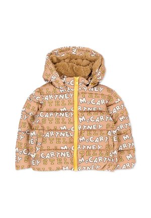 Kinder gevoerde capuchonjas in lichtbruin met gele ritssluiting en een overal wit en geel tekstpatroon met de tekst Stelly McCartney, binnenkant gevoerd met bruine fleece.