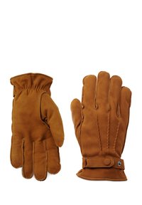 Brown leather gloves with a soft texture, featuring a gathered wrist, stitched details, and a button strap on the cuff for adjustability.