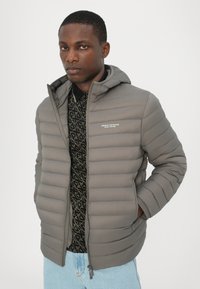 Jachetă căptușită gri cu glugă, având un design cusut orizontal, buzunare cu fermoar și un logo pe piept. Pur tată pe un tricou negru cu model.