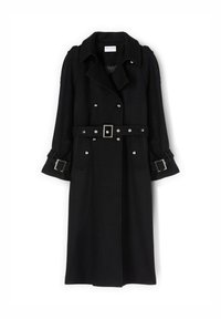 Czarny wełniany płaszcz trencz z podwójnym rzędem guzików, paskiem w talii oraz metalicznymi zdobieniami na mankietach i kołnierzu. Gładka faktura.