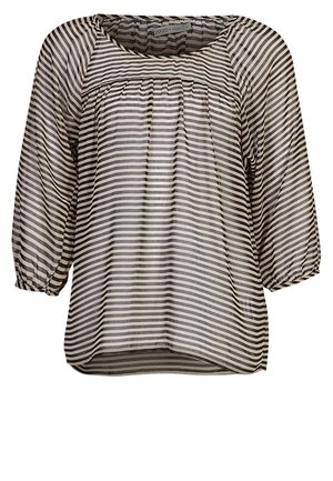 Czarna i biała bluzka w poziome paski z trójkątnymi, puffowymi rękawami do łokcia oraz luźnym, zwiewnym krojem.