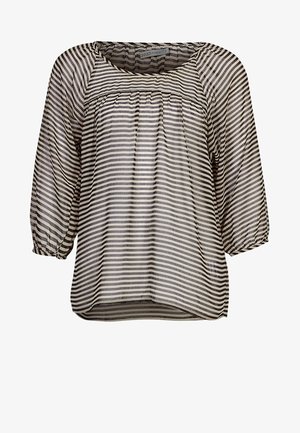 Schwarz-weiß gestreifte Bluse mit dreiviertellangen, aufgebauschten Ärmeln und lockerem, fließendem Schnitt.