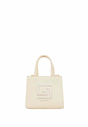 Borsa rettangolare color crema con due manici e logo geometrico in rilievo con scritta "GAUDI" sul davanti.