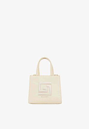 Borsa rettangolare color crema con due manici e logo geometrico in rilievo con scritta "GAUDI" sul davanti.