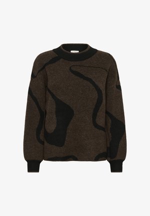 Ruskea neule, jossa on abstrakti musta kuvio, pyöreä kaula-aukko, pitkät hihat ja ribbireunat. Pehmeä, teksturoitu kangas. Rennon istuvuuden malli.