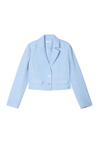 Kariertes hellblaues Blazer aus strukturiertem Stoff, mit Reverskragen, zwei vorderen Taschen und einem einzelnen Knopfverschluss.