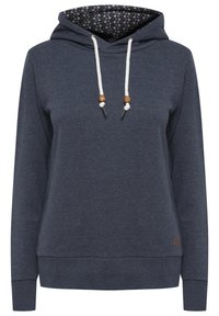 Haut à capuche bleu foncé avec une doublure intérieure à motif. Doté d'un cordon de serrage avec des boutons en bois et des poignets et un ourlet côtelés. Fabriqué en mélangé de coton doux.
