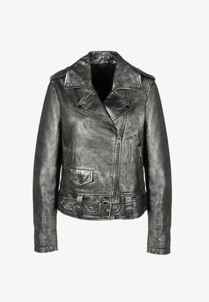 Veste de moto en cuir gris métallisé avec une taille ceinturée, un col pointu, un devant zippé et des poches boutonnées ; présente une finition texturée.