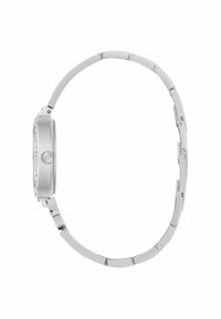 Montre-bracelet en métal argenté avec un boîtier arrondi, ornée de petits cristaux transparents le long de la lunette et d'un bracelet en maillons métalliques.