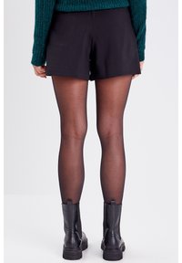 Pantalones cortos negros de corte recto, combinados con medias negras transparentes y botines negros. Suéter de punto en color teal visible en la parte superior.