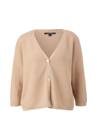 Cardigan beige en tissu doux, avec col en V, coupe ample, manches trois-quarts et trois boutons à l'avant.