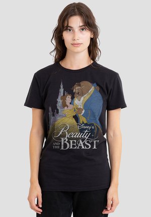 Black cotton t-shirt featuring a colorful graphic of Belle and the Beast from Disney's "Beauty and the Beast," with castle background detail.