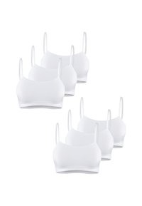 Zes witte bralettes van een katoenmix met dunne verstelbare bandjes, voorzien van een naadloos ontwerp en een zachte textuur.