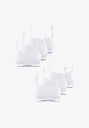 Sechs weiße Bralettes aus Baumwollmischung mit dünnen verstellbaren Trägern, die ein nahtloses Design und eine weiche Textur aufweisen.