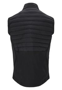Schwarze ärmellose Weste mit einem gesteppte Obenbereich und horizontalen Nähten sowie einem glatten unteren Bereich, was ein elegantes, modernes Design ergibt.