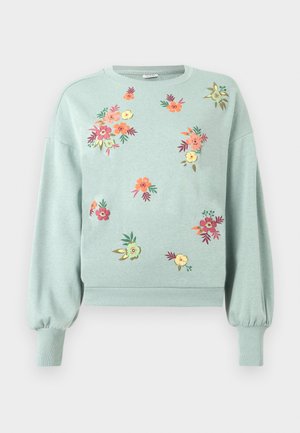 Lichtgroene sweatshirt met bloemenborduurwerk in roze, oranje en geel. Heeft geribbelde manchetten en zoom, met een ontspannen pasvorm en ballonmouwen.