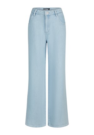 Hellblaue Jeans mit weitem Bein, vorne mit Knopf und Reißverschluss, Gürtelschlaufen und Seitentaschen.