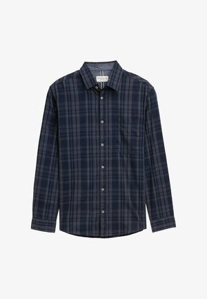 Marineblauwe geruite langslijfshirt van katoen met een kraag, knopen aan de voorkant en een linkerborstzak; beschikt over afwisselende donkere en lichte blauwe patronen.