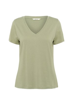 Hellgrünes kurzärmeliges V-Ausschnitt-T-Shirt aus weichem Stoff. Bietet eine lockere Passform mit glatter Textur und dezenten Nähten.