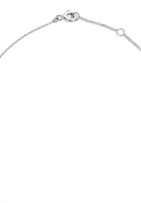 Bracelet en métal argenté avec un design de chaîne fine, comportant un fermoir à lacet rond et de petits maillons circulaires tout au long.