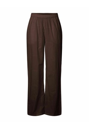 Pantalon marron à jambes larges avec taille élastique et motifs floraux brodés subtils sur l’ensemble du tissu, présenté sur fond blanc.