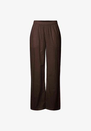 Brune vidde bukser med elastisk talje og subtile broderede blomsterdekor på hele stoffet, vist på en hvid baggrund.