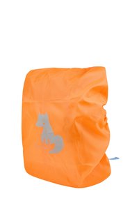 Orange drawstring bag made of smooth fabric featuring a silver fox design on the front, with a small blue tag on the side.