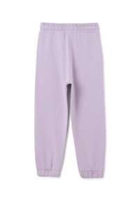 Hellviolette weiche Stoffhose mit elastischem Bund und elastischen Bündchen, entworfen für Komfort und legere Trageweise.