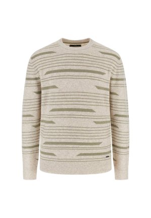 Beige sweater met horizontale groene strepen, ronde hals, en geribde manchetten en zoom. Gemaakt van zacht materiaal met een textuurafwerking.