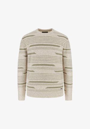 Bežna sv sweater s horizontalnimi zelenimi črtami, okroglo izrezan in z rebrastimi manšetami ter robom. Narejen iz mehke tkanine z teksturirano površino.