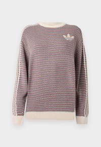 Πλεκτό πουλόβερ με πολύχρωμο σχέδιο σε κόκκινο, μπλε και κρεμ. Διαθέτει ριμπ μανσέτες και στρίφωμα, με λεπτομέρεια λογότυπου σε κρεμ αποχρώσεις στο στήθος.