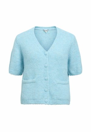 Lichtblauw gebreid vest met korte mouwen, V-hals, vijf knopen aan de voorkant en twee kleine zakjes aan de voorkant.