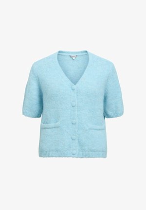 Világoskék rövid ujjú kötött kardigán V-nyakkivágással, öt gombbal az elején és két kis elülső zsebbel.