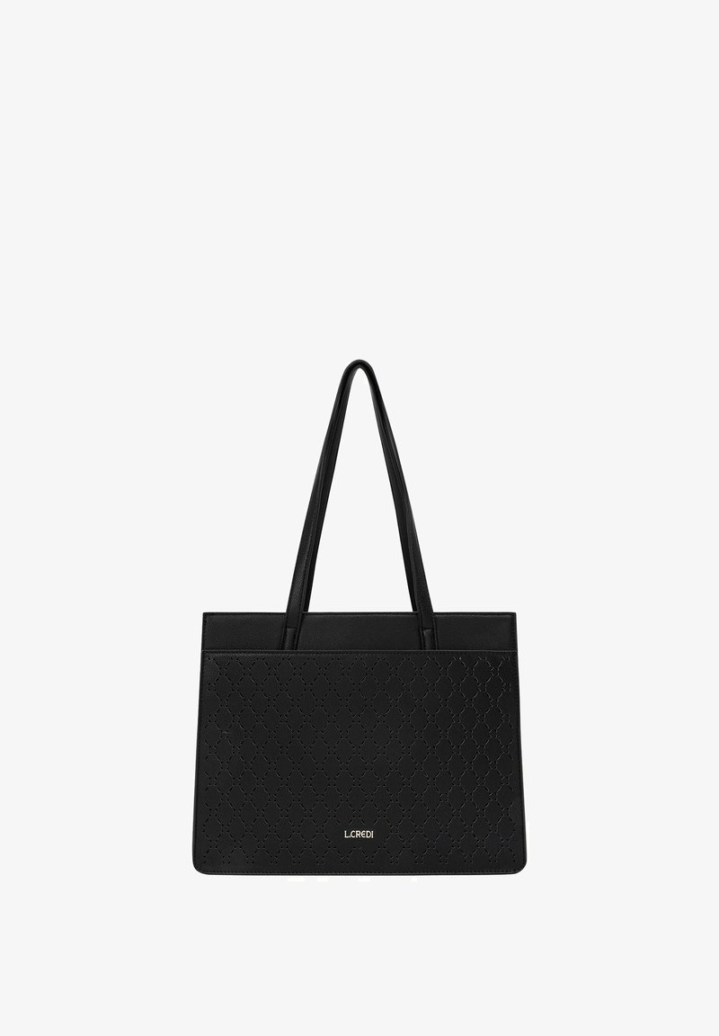 Sac fourre-tout noir avec un motif texturé, finition lisse, deux longues poignées et un accent logo doré au centre inférieur.