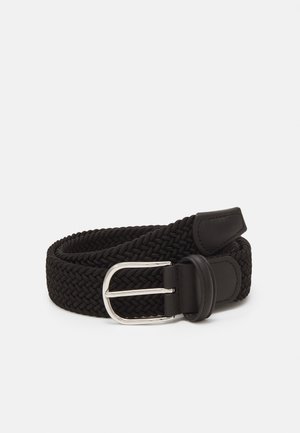 Cintura nera intrecciata realizzata in materiale elastico con fibbia in metallo argento e dettagli in pelle alle estremità, caratterizzata da un design a treccia testurizzata.