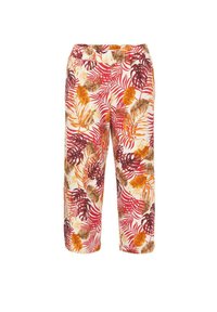Pantalons courts légers avec un motif floral en rouge, orange et marron sur un fond crème. Taille élastique, coupe décontractée.