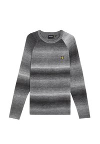 Grauer gerippter Pullover mit einem Farbverlaufsmuster, rundem Halsausschnitt und einem kleinen gelben Logo auf der linken Brust. Lange Ärmel.