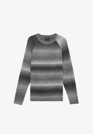 Pull en maille côtelée gris avec un motif dégradé, encolure ronde et petit logo jaune sur la poitrine gauche. Manches longues.