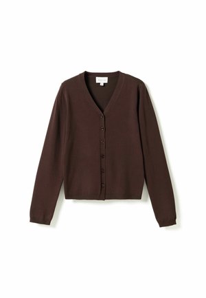 Dunkelbraune Langarmstrickjacke mit V-Ausschnitt und Knopfverschluss an der Vorderseite, flach auf weißem Hintergrund liegend dargestellt.