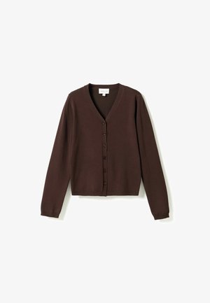 Tmavohnedý dlhý cardigan s výstrihom do V a zapínaním na gombíky vpredu, zobrazený na bielom pozadí.