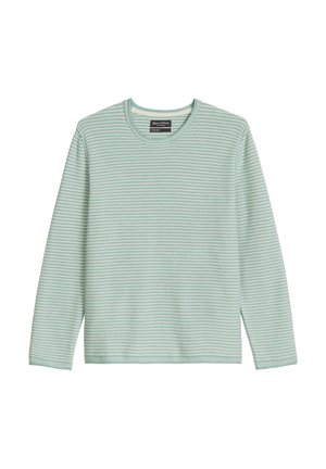 Jasnozielona i biała koszulka z długim rękawem w poziome pasy, z okrągłym dekoltem i widoczną metką marki wewnątrz kołnierza.
