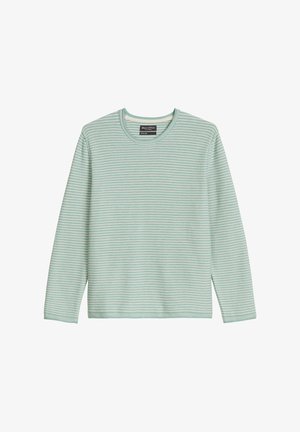 Jasnozielona i biała koszulka z długim rękawem w poziome pasy, z okrągłym dekoltem i widoczną metką marki wewnątrz kołnierza.