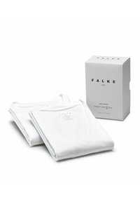 Two white v-neck t-shirts made of luxury cotton stretch, folded neatly, packaged in a white box with black text labeling.