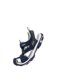 Námořnicky modré sandály se syntetickým svrškem, sportovním designem, nastavitelným popruhem, polstrovanou stélkou a texturovanou gumovou podrážkou pro lepší přilnavost.