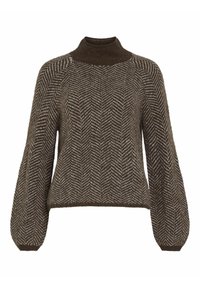 Maglione marrone con motivo a spina di pesce, colletto alto, maniche oversize e polsini a coste. Realizzato in materiale a maglia testurizzata.
