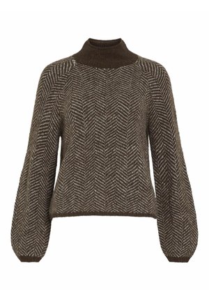 Suéter marrón con patrón de espiga, cuello alto, mangas oversized y puños acanalados. Hecho de material de punto texturizado.